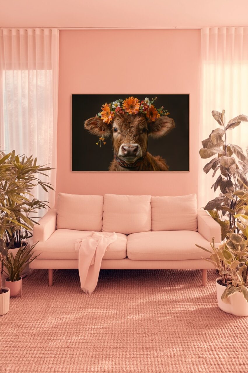 Fotografie Poster Kalb Blumenkranz frontal braun