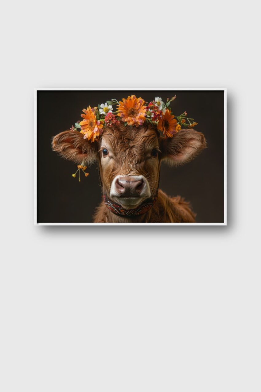 Fotografie Poster Kalb Blumenkranz frontal braun