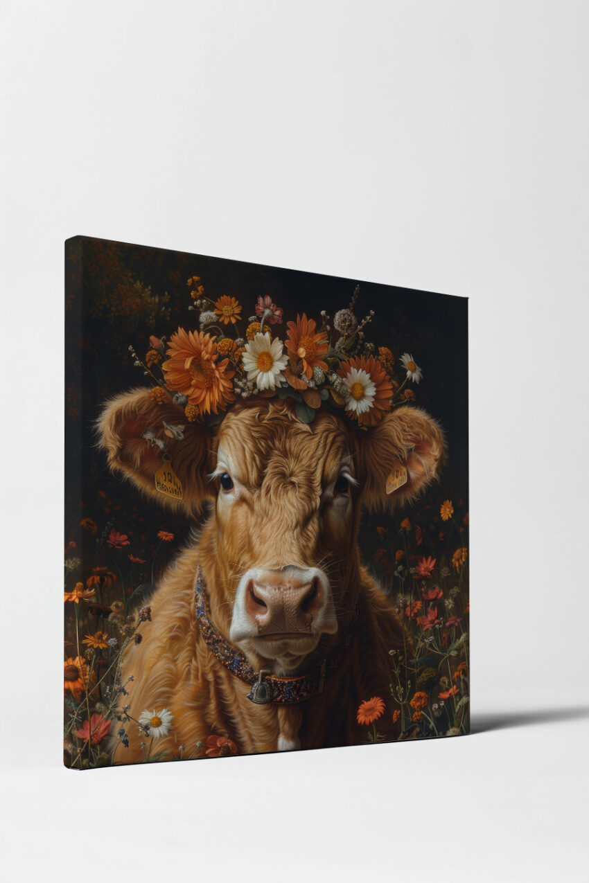 Fotografie Poster Kalb Blumenkranz braun frontal