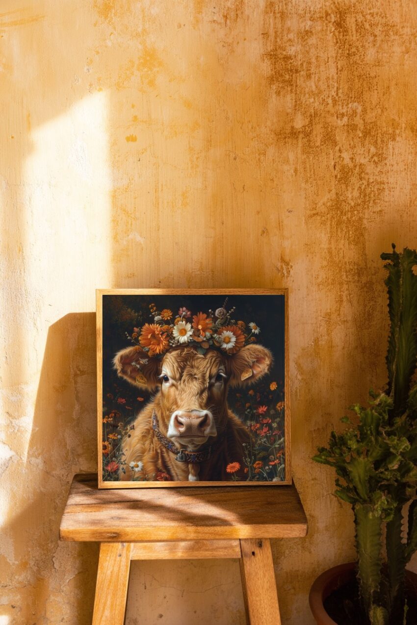 Fotografie Poster Kalb Blumenkranz braun frontal