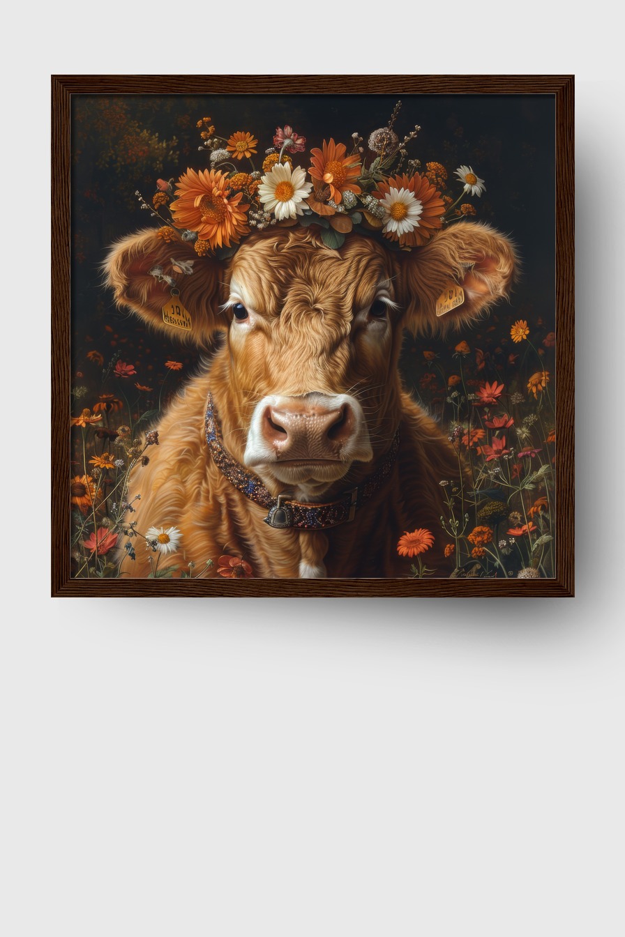 Fotografie Poster Kalb Blumenkranz braun frontal