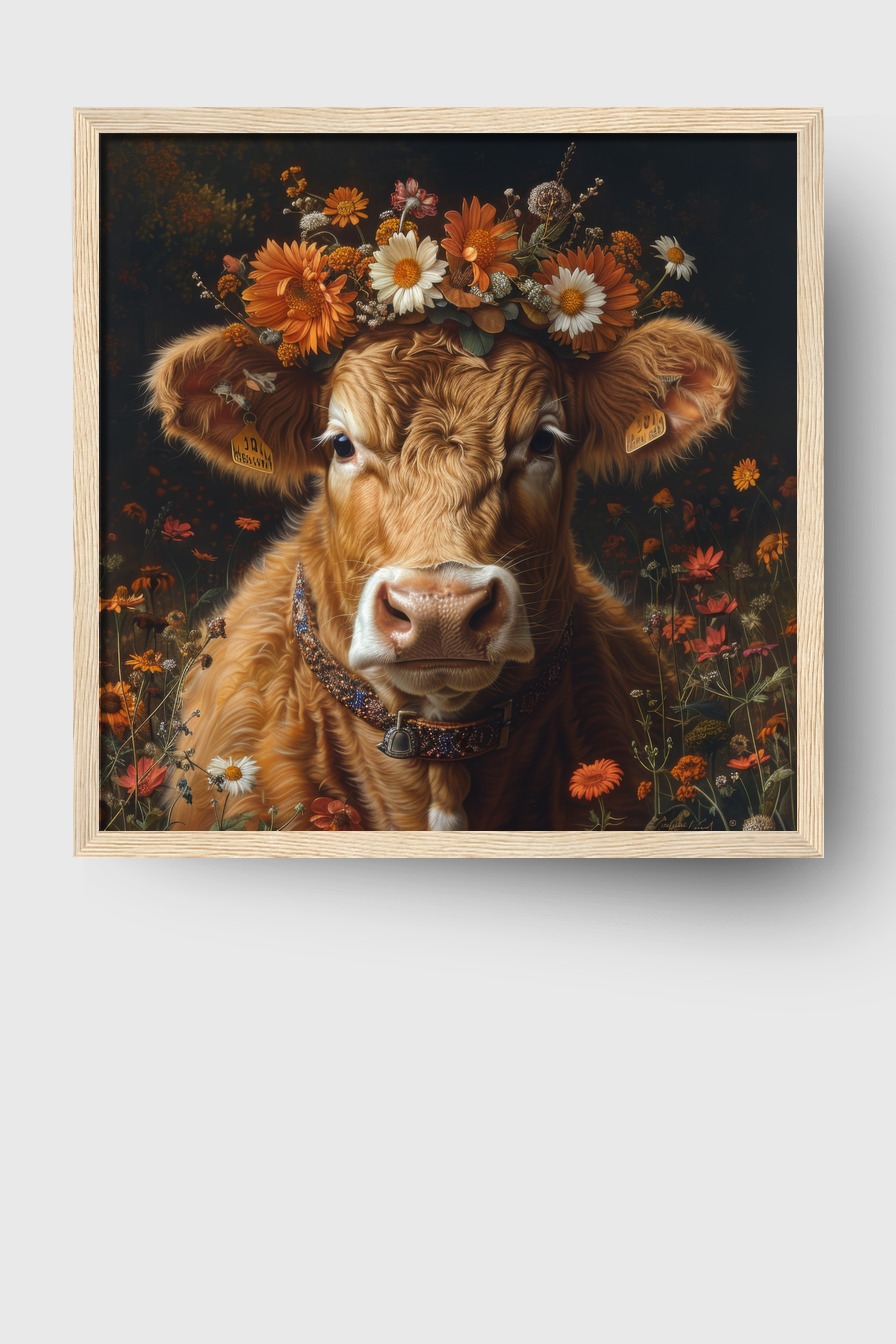 Fotografie Poster Kalb Blumenkranz braun frontal