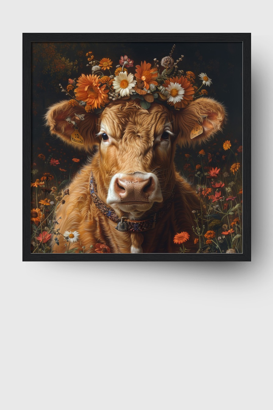 Fotografie Poster Kalb Blumenkranz braun frontal