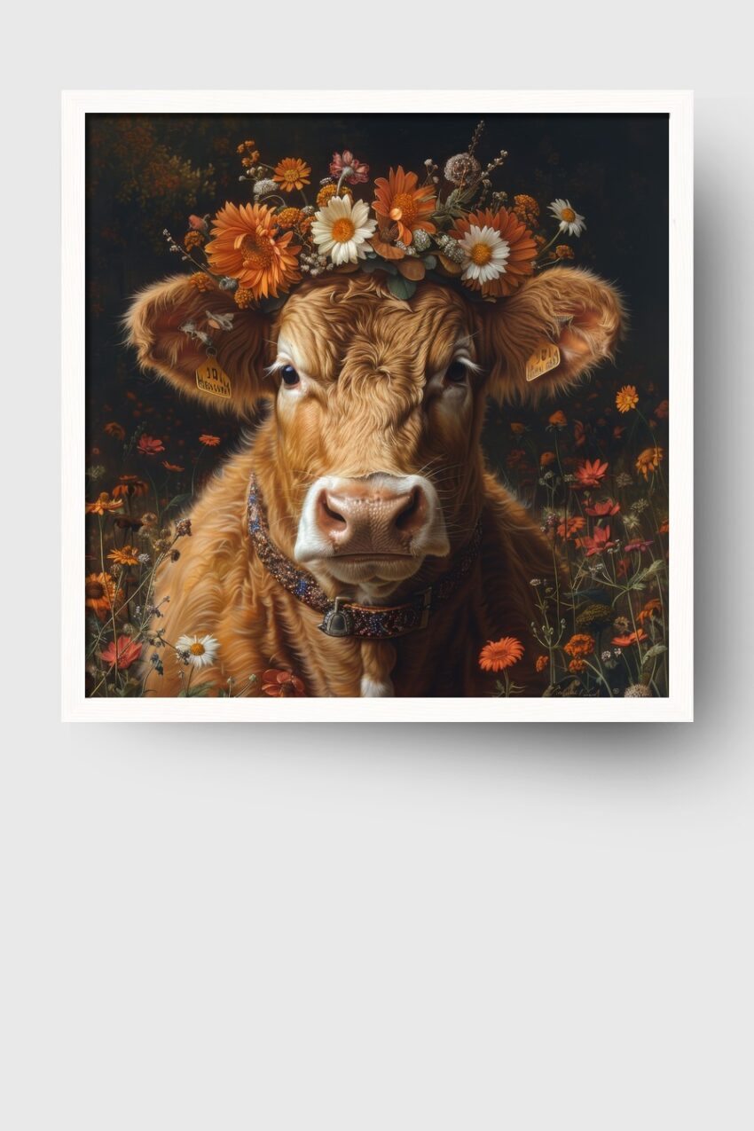 Fotografie Poster Kalb Blumenkranz braun frontal