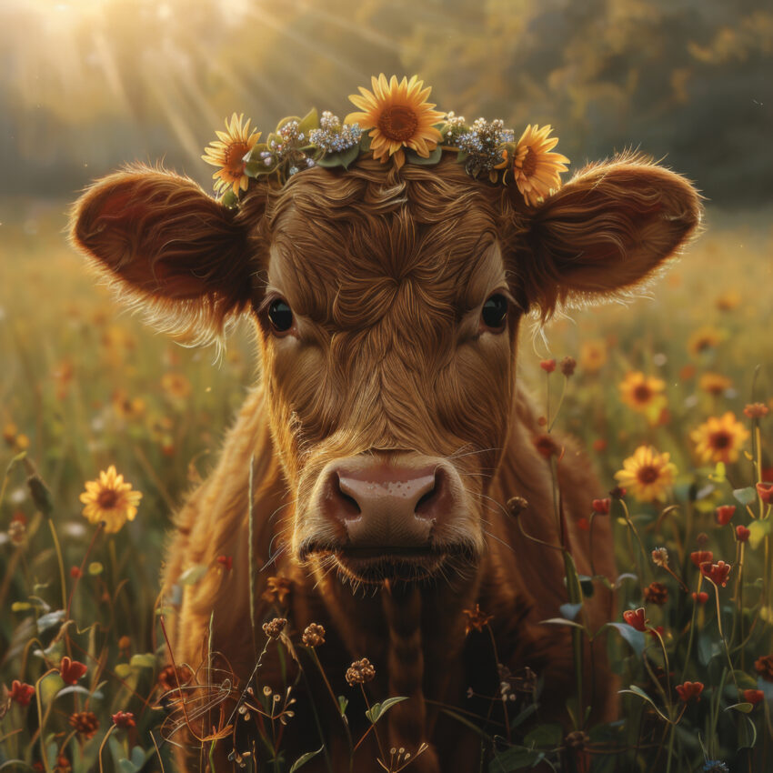 Fotografie Poster Kalb Blumenkranz Sonnenblumen Sommerwiese