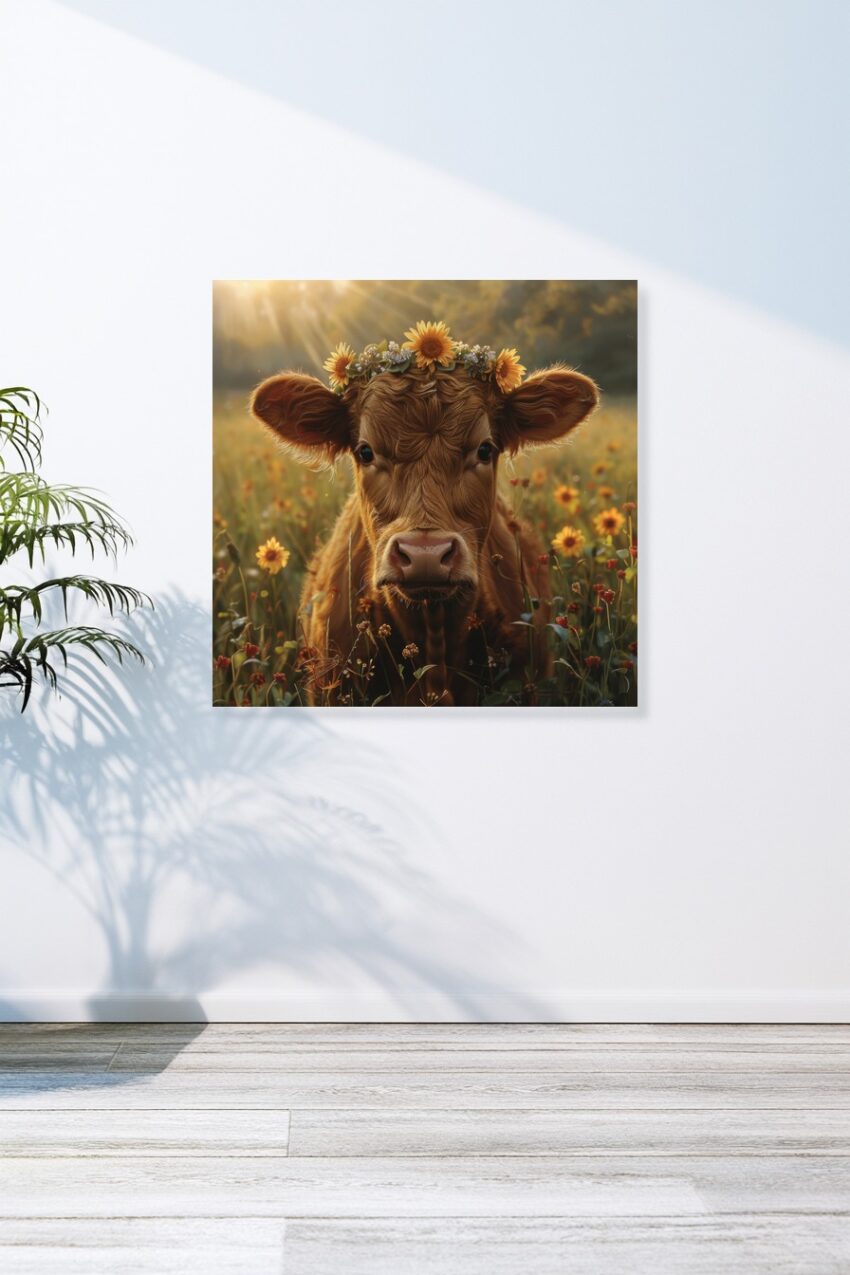 Fotografie Poster Kalb Blumenkranz Sonnenblumen Sommerwiese