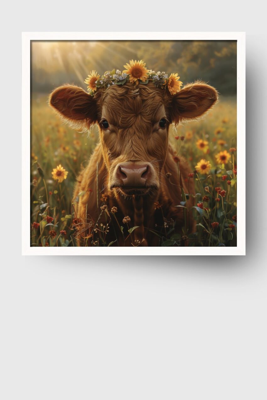 Fotografie Poster Kalb Blumenkranz Sonnenblumen Sommerwiese