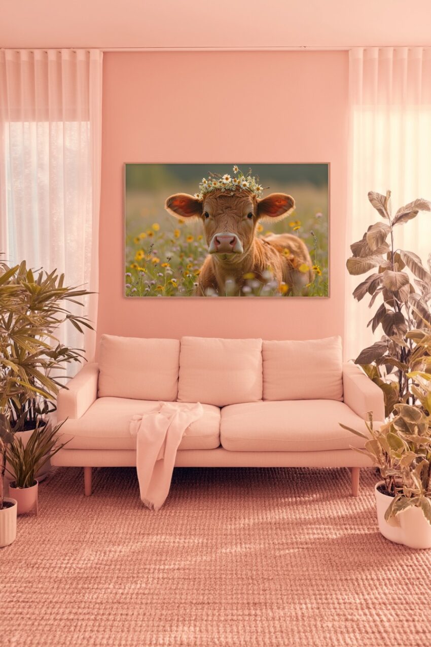 Fotografie Poster Kalb Blumenkranz Sommerwiese