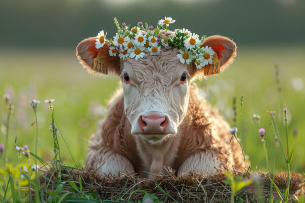 Kalb mit Margeritenkranz Gerahmt