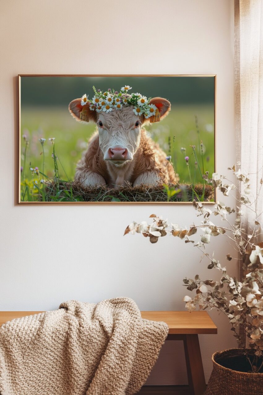 Fotografie Poster Kalb Margeritenkranz Sommerwiese
