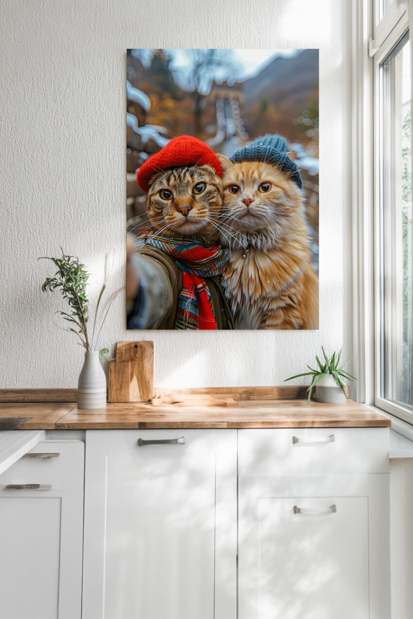 Fotografie Poster Katzen zwei Porträt Mützen rot blau