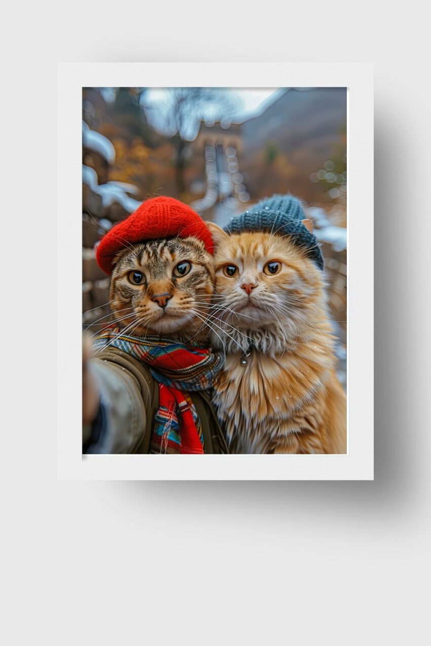 Fotografie Poster Katzen zwei Porträt Mützen rot blau