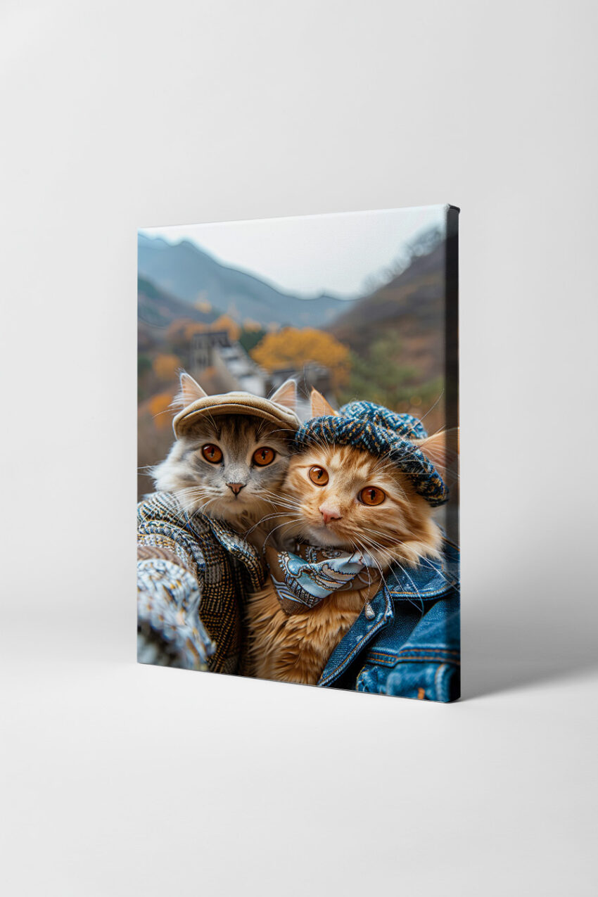 Fotografie Poster Katzen zwei mit Mützen braun grau herbstlich
