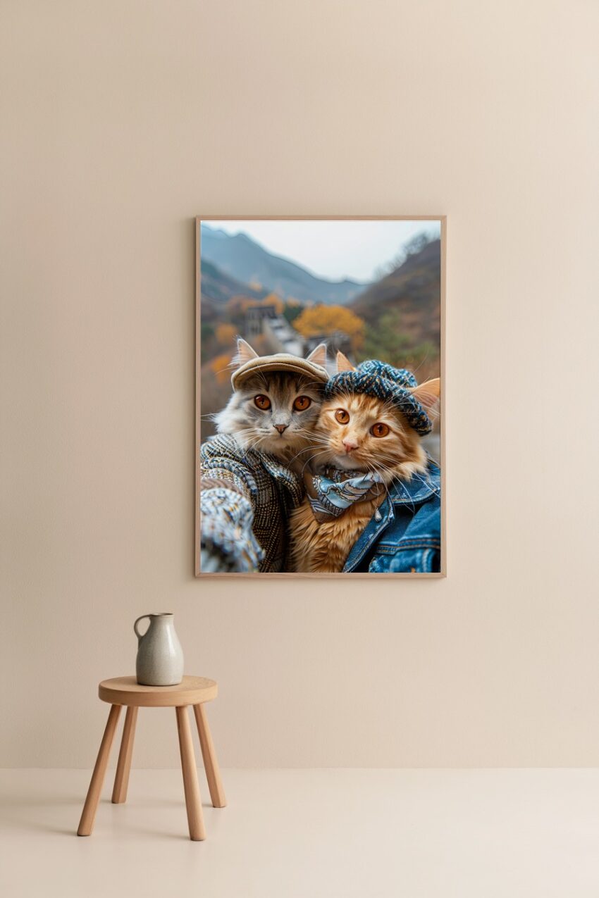 Fotografie Poster Katzen zwei mit Mützen braun grau herbstlich
