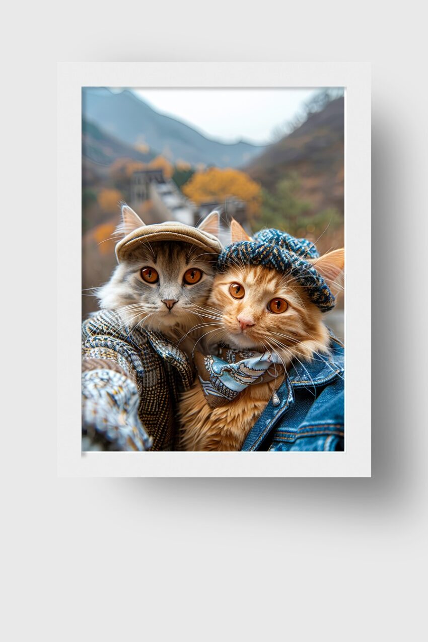 Fotografie Poster Katzen zwei mit Mützen braun grau herbstlich