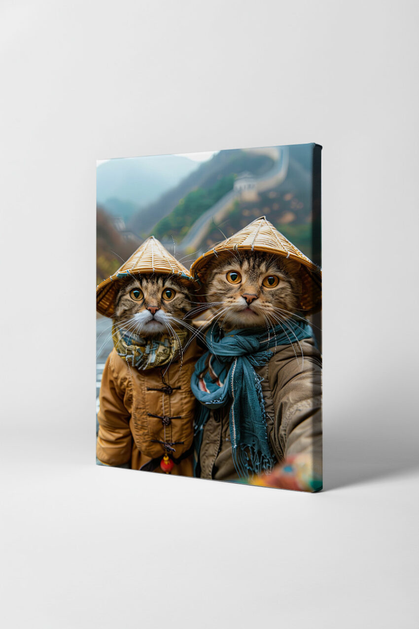 Fotografie Poster Katze zwei Tiere Strohhut braun Kleidung