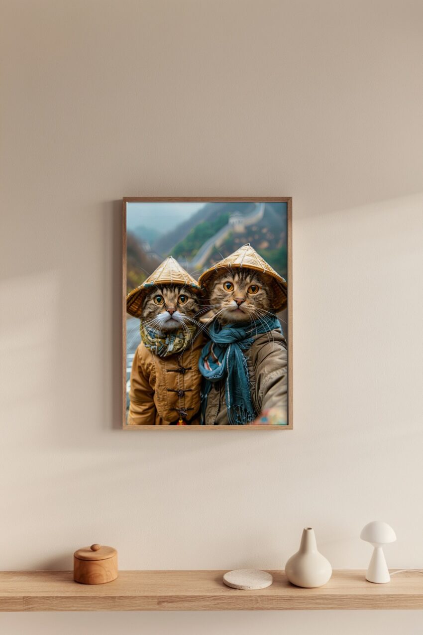 Fotografie Poster Katze zwei Tiere Strohhut braun Kleidung