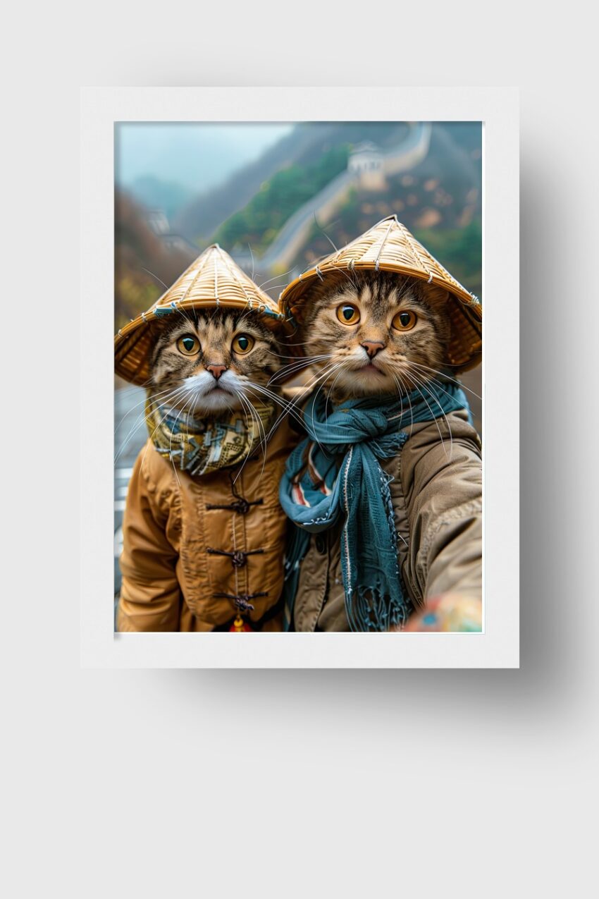 Fotografie Poster Katze zwei Tiere Strohhut braun Kleidung