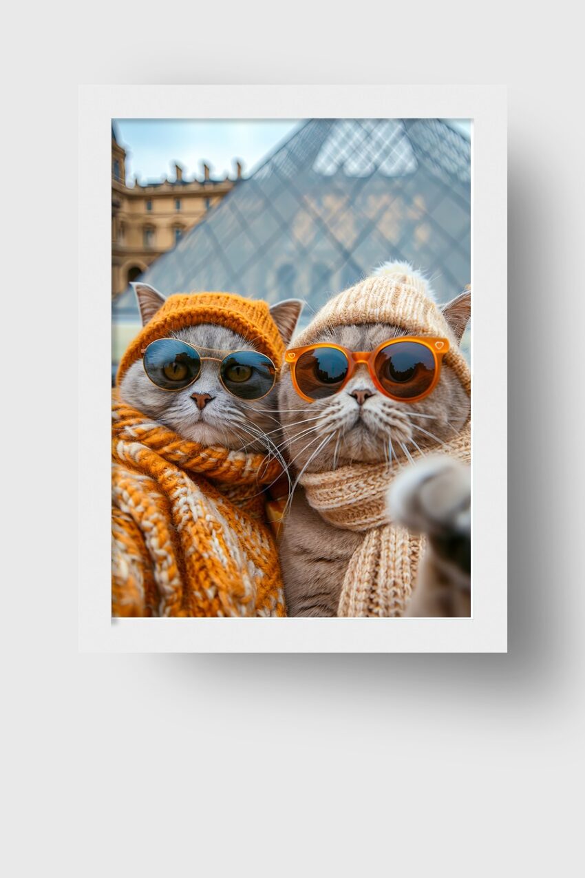Fotografie Poster Katzen Duo Mützen Sonnenbrillen orange beige