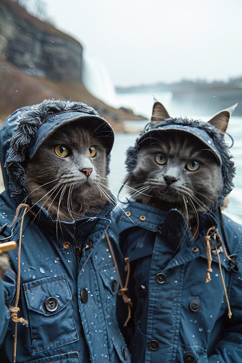 Fotografie Poster Katzen im Regenjacke grau