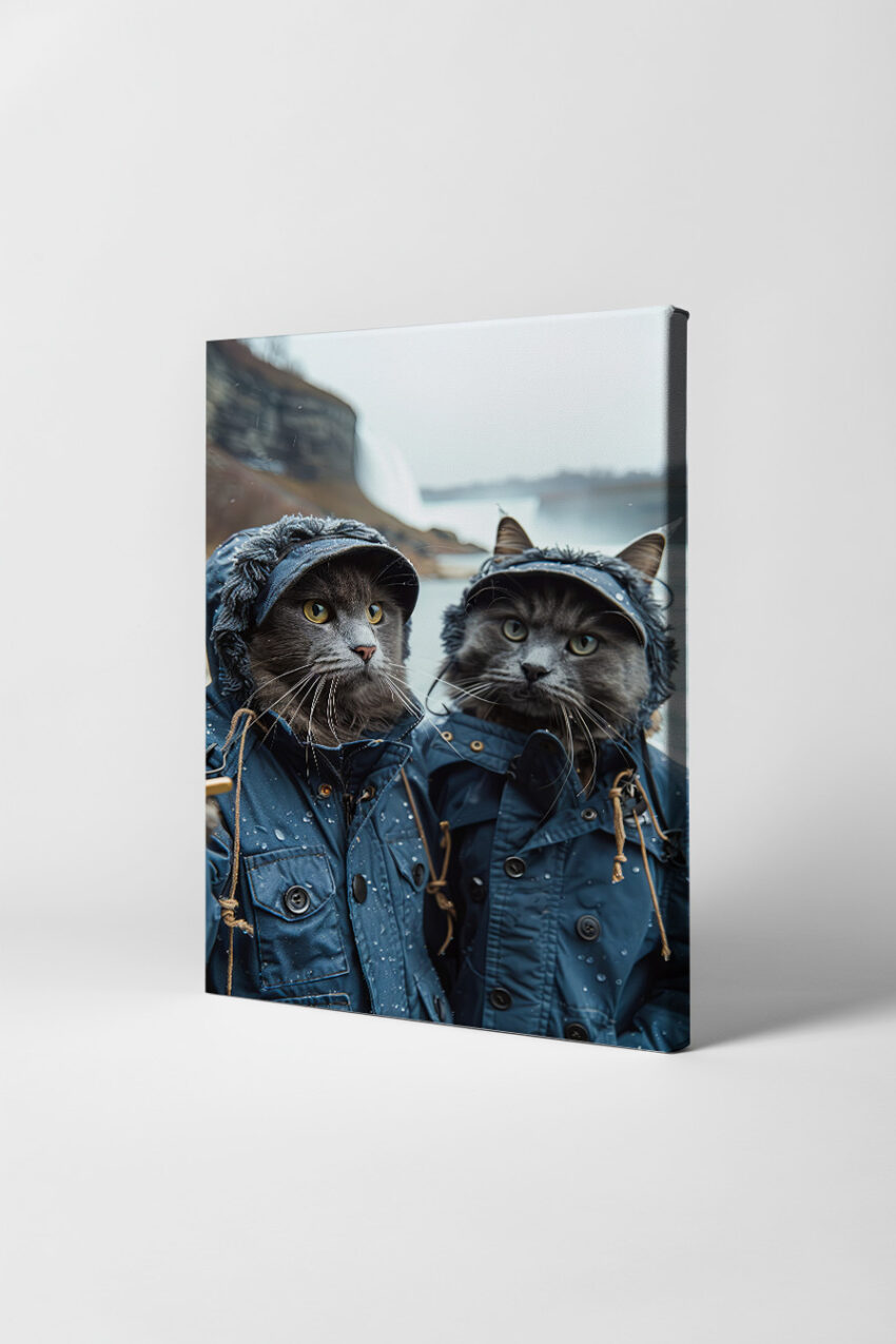 Fotografie Poster Katzen im Regenjacke grau