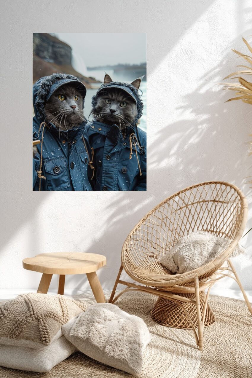 Fotografie Poster Katzen im Regenjacke grau