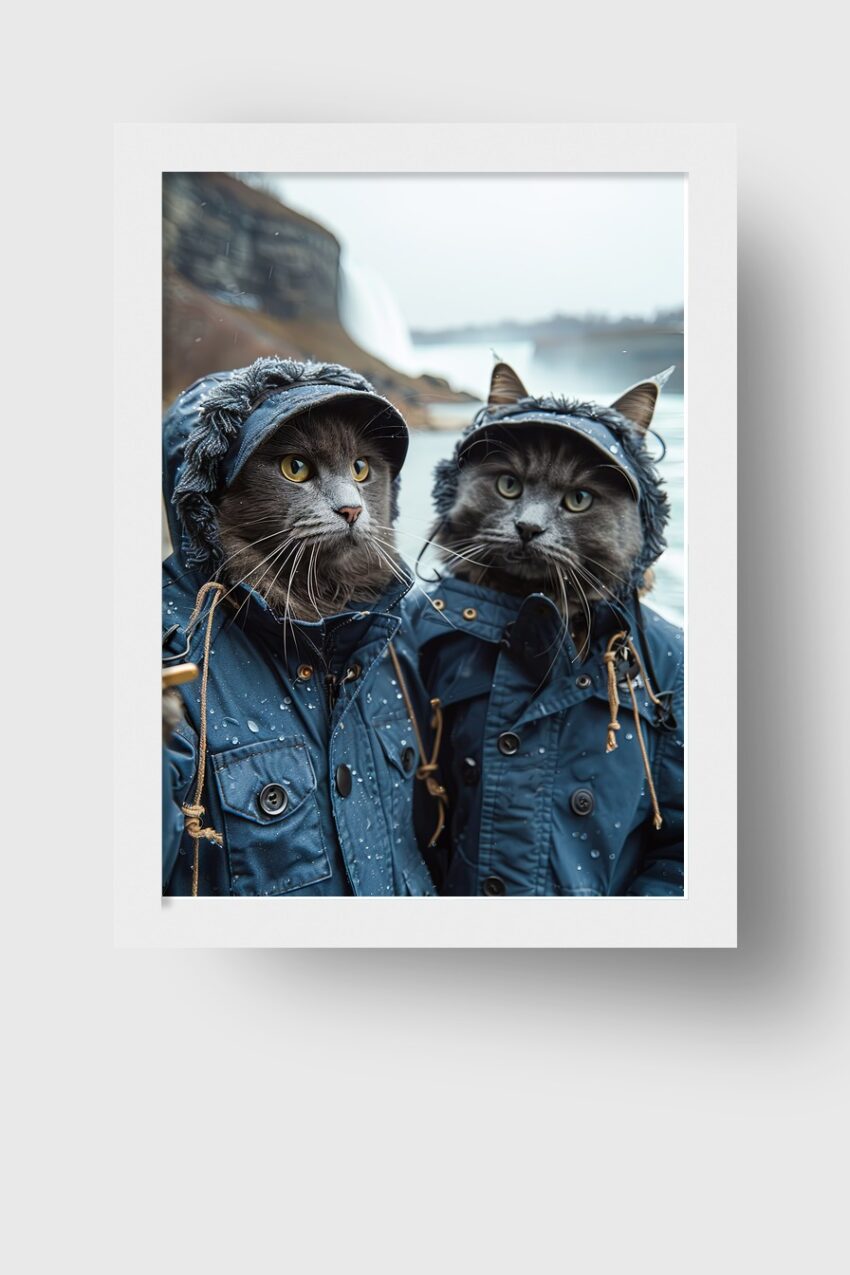 Fotografie Poster Katzen im Regenjacke grau