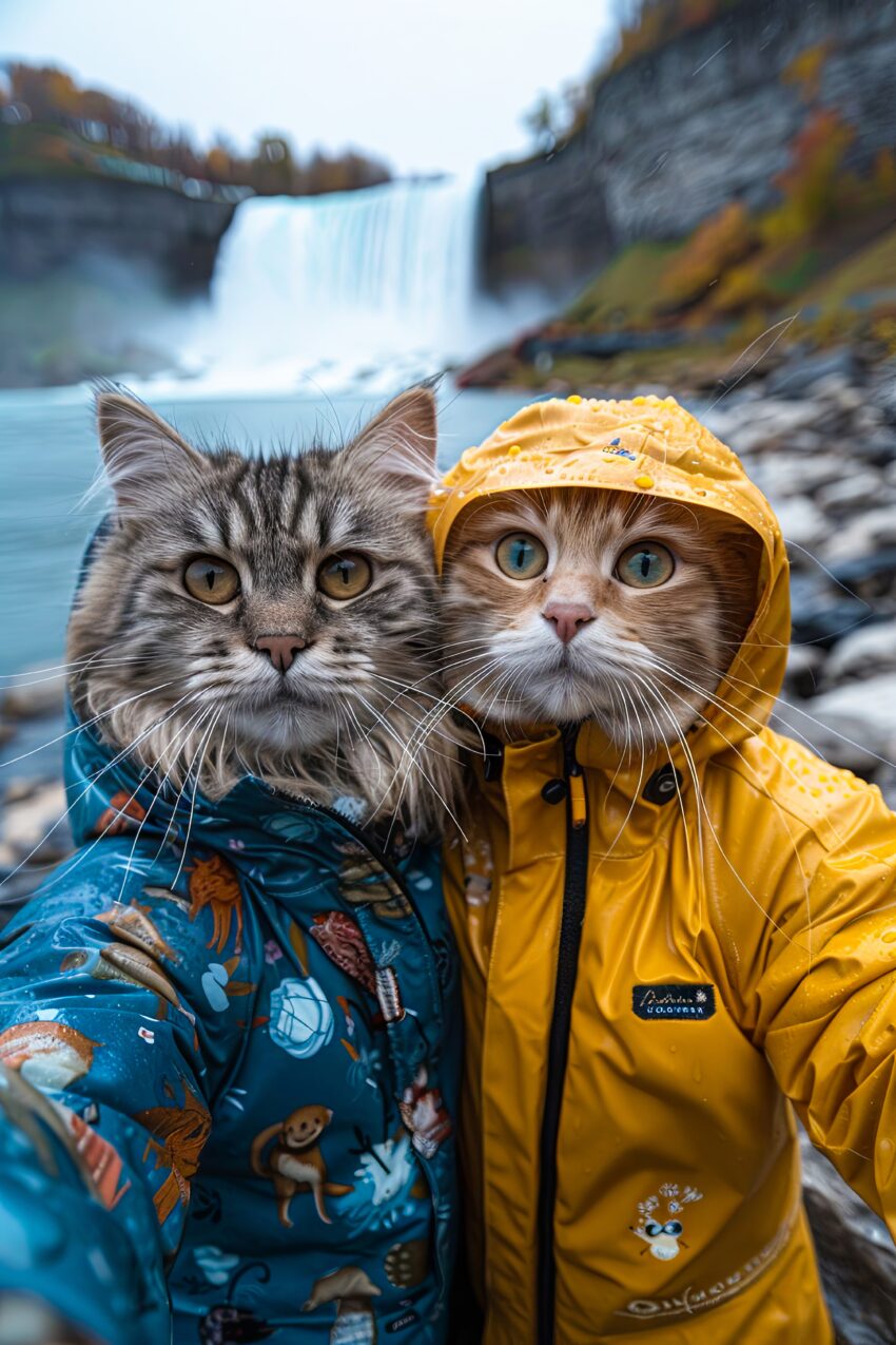 Fotografie Poster Katzen Regenjacken bunt Wasserfall