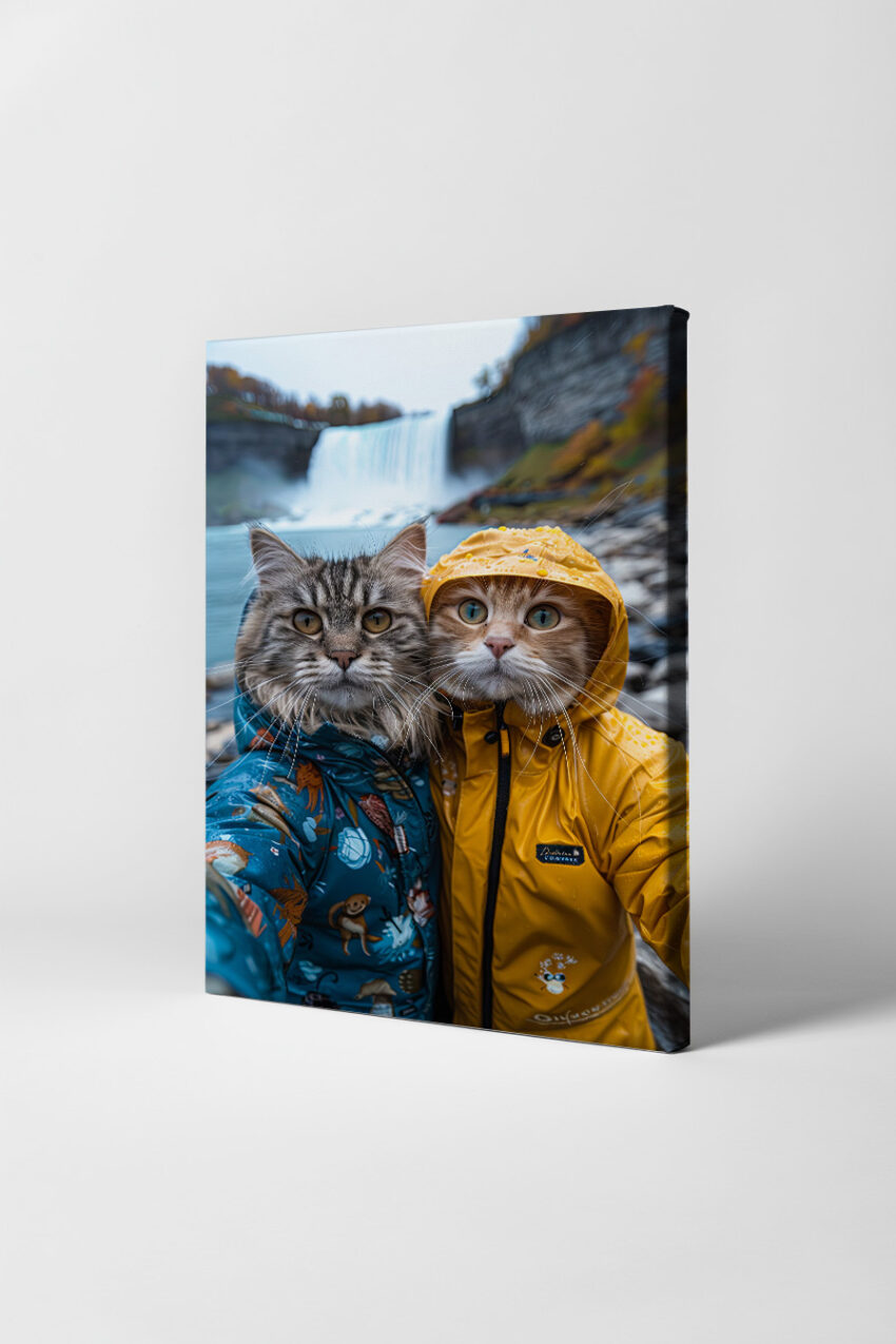Fotografie Poster Katzen Regenjacken bunt Wasserfall