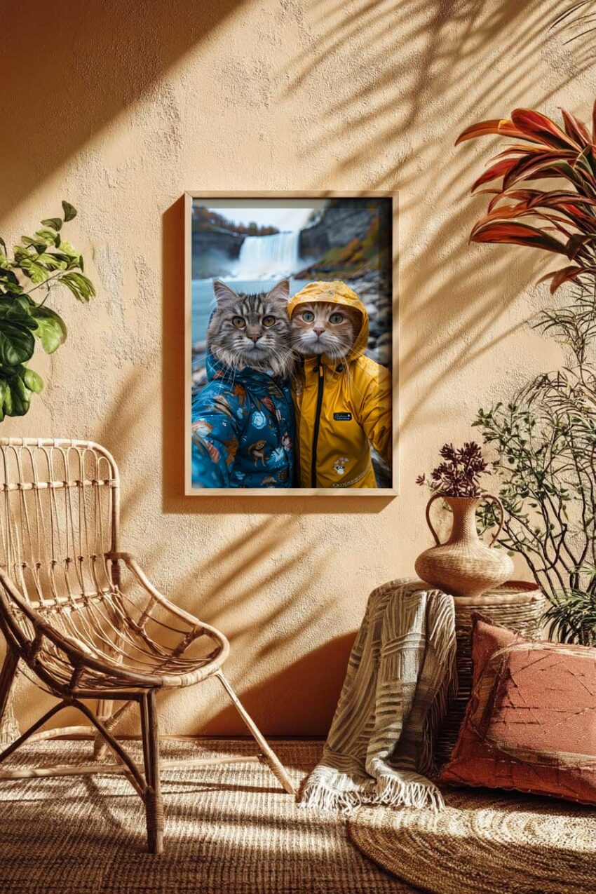 Fotografie Poster Katzen Regenjacken bunt Wasserfall