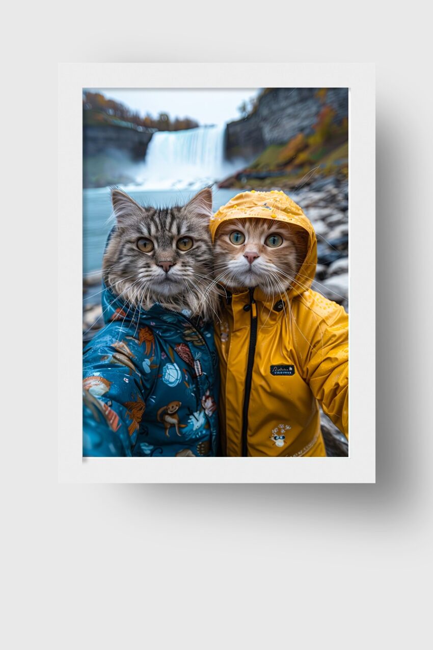Fotografie Poster Katzen Regenjacken bunt Wasserfall