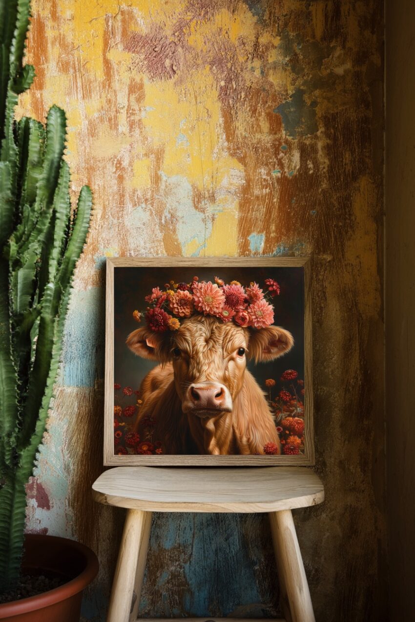 Fotografie Poster Kalb Blumenkranz warm natur