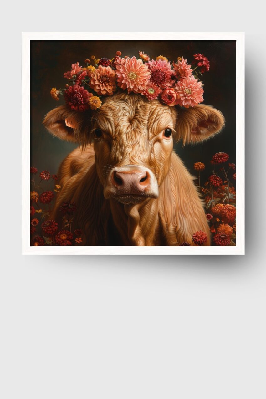 Fotografie Poster Kalb Blumenkranz warm natur