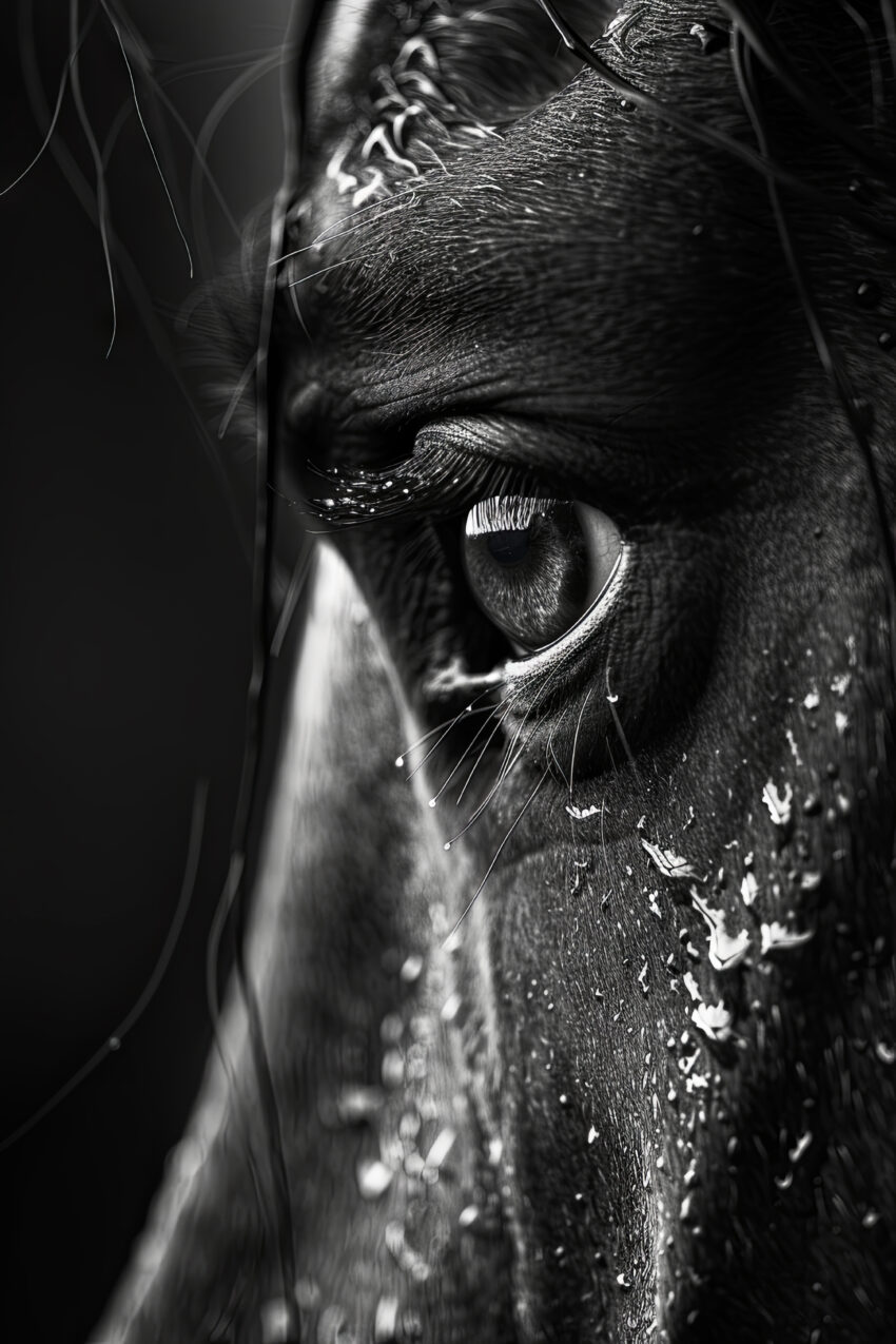 Fotografie Poster Pferdeauge schwarz-weiß Nahaufnahme intensiv