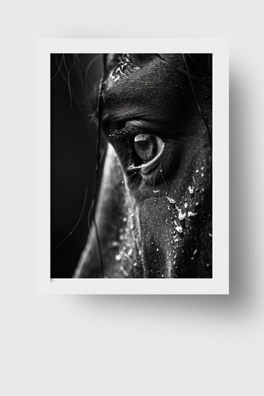 Fotografie Poster Pferdeauge schwarz-weiß Nahaufnahme intensiv
