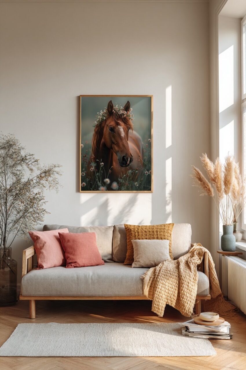 Fotografie Poster Pferd Blumenkranz braun