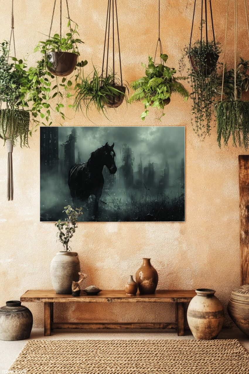 Fotografie Poster Pferd schwarz Regen düster