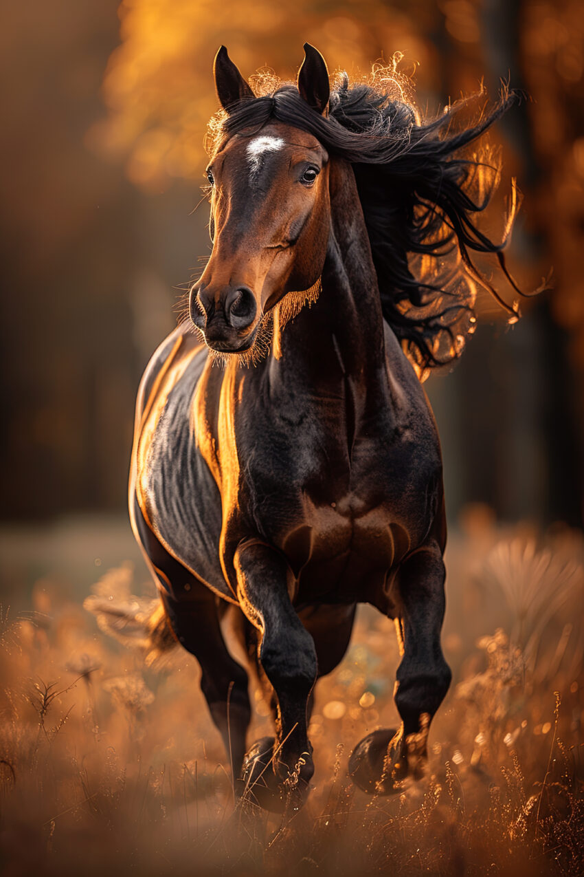 Fotografie Poster Pferd Galopp braun Abendlicht