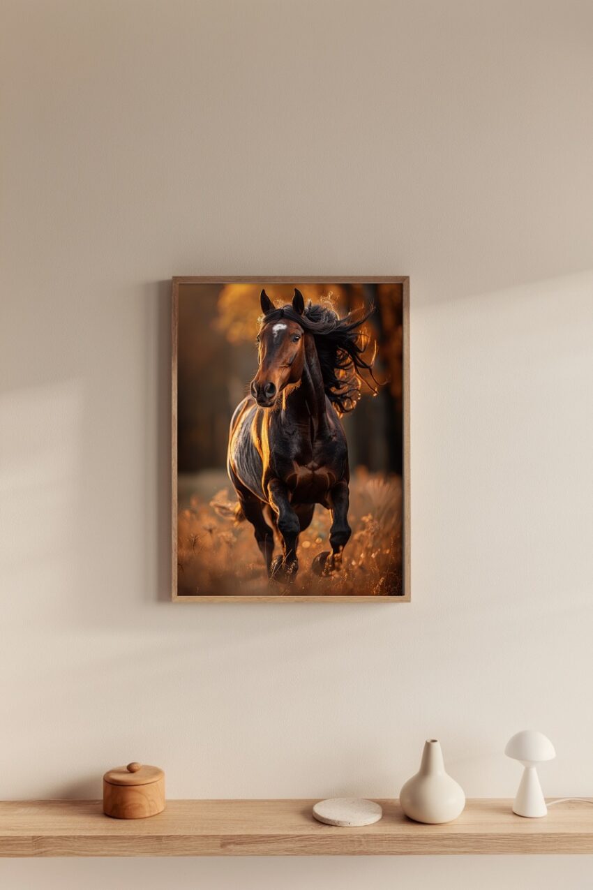 Fotografie Poster Pferd Galopp braun Abendlicht