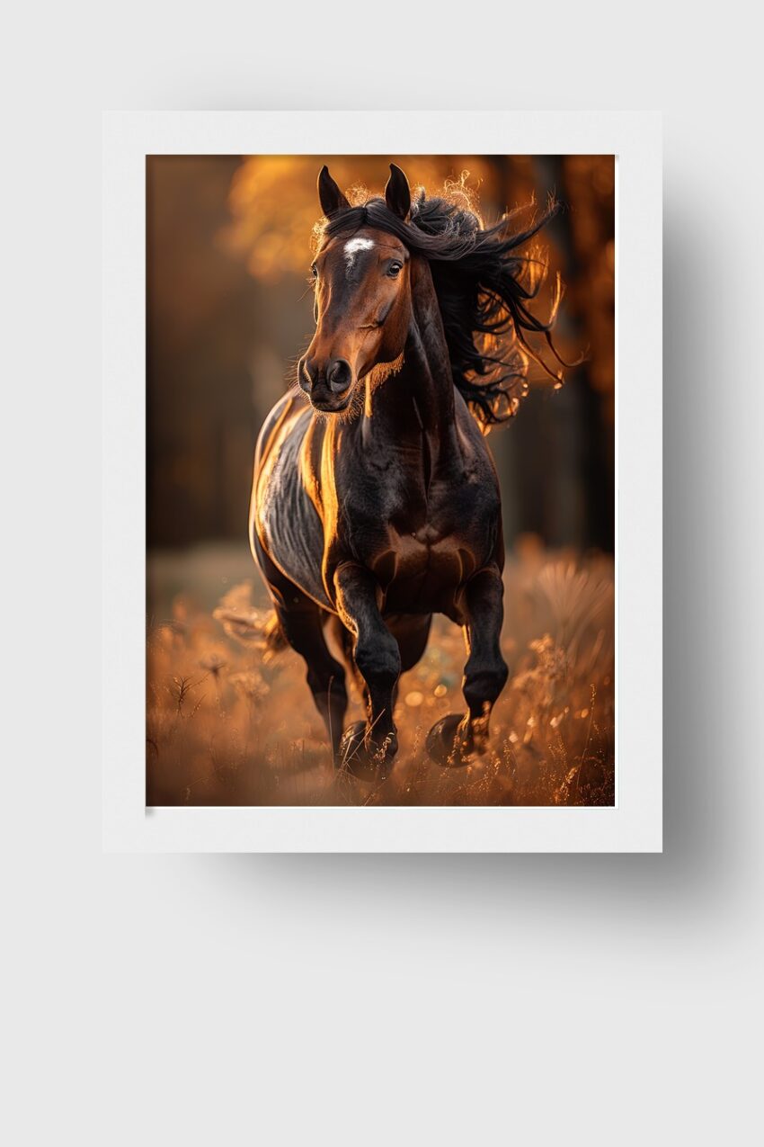 Fotografie Poster Pferd Galopp braun Abendlicht