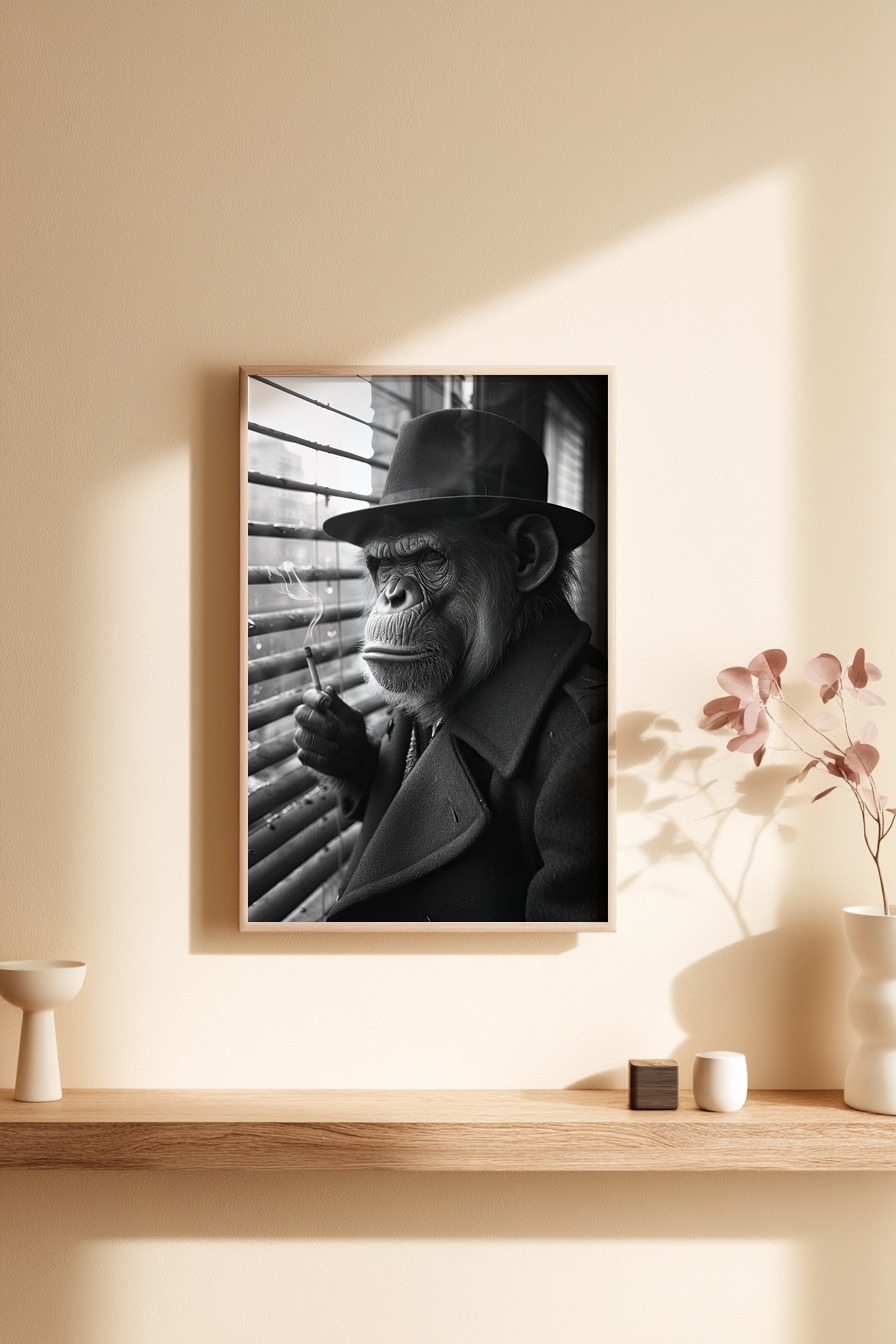 Fotografie Poster Schimpanse rauchend schwarz-weiß