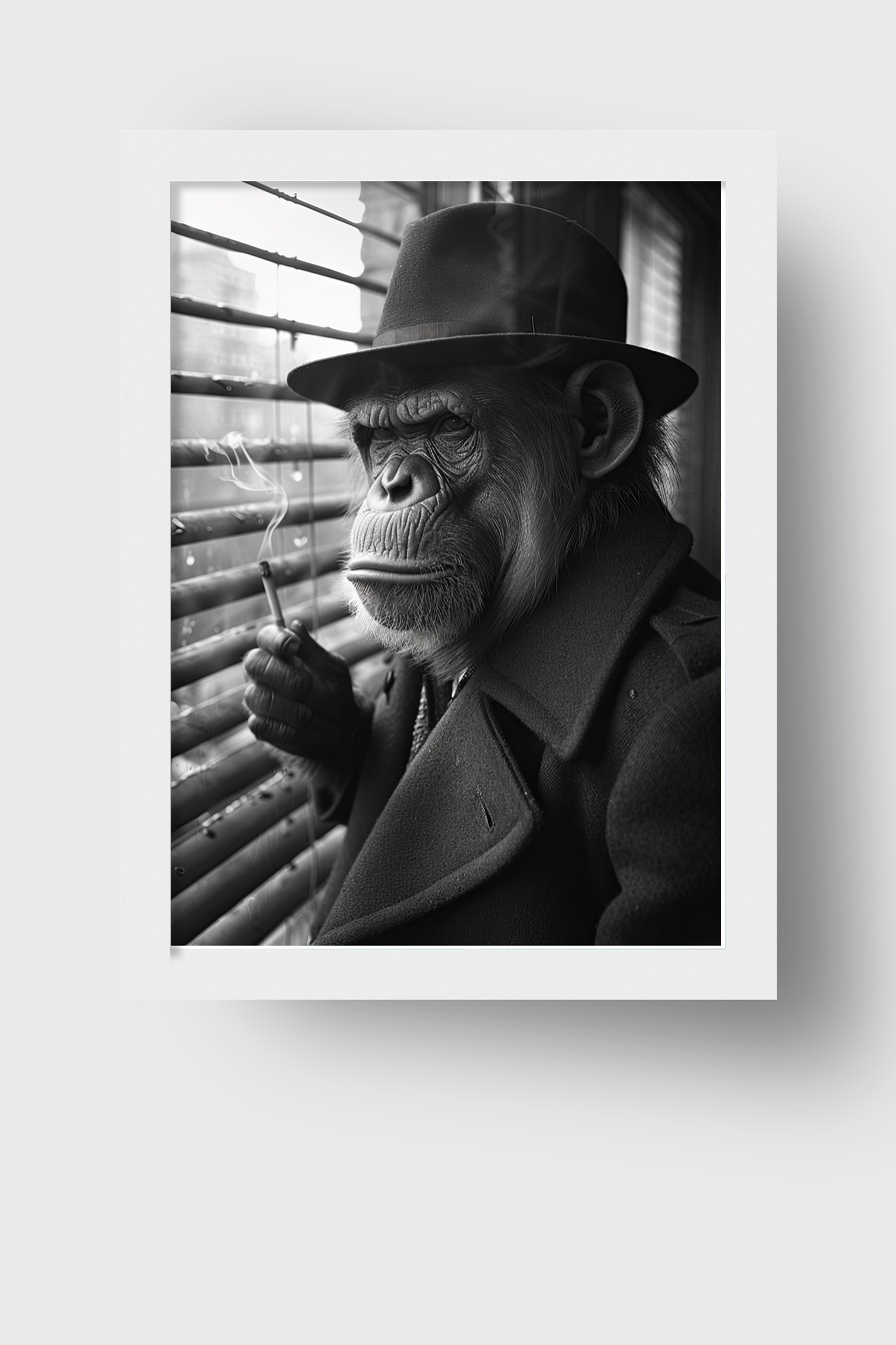 Fotografie Poster Schimpanse rauchend schwarz-weiß