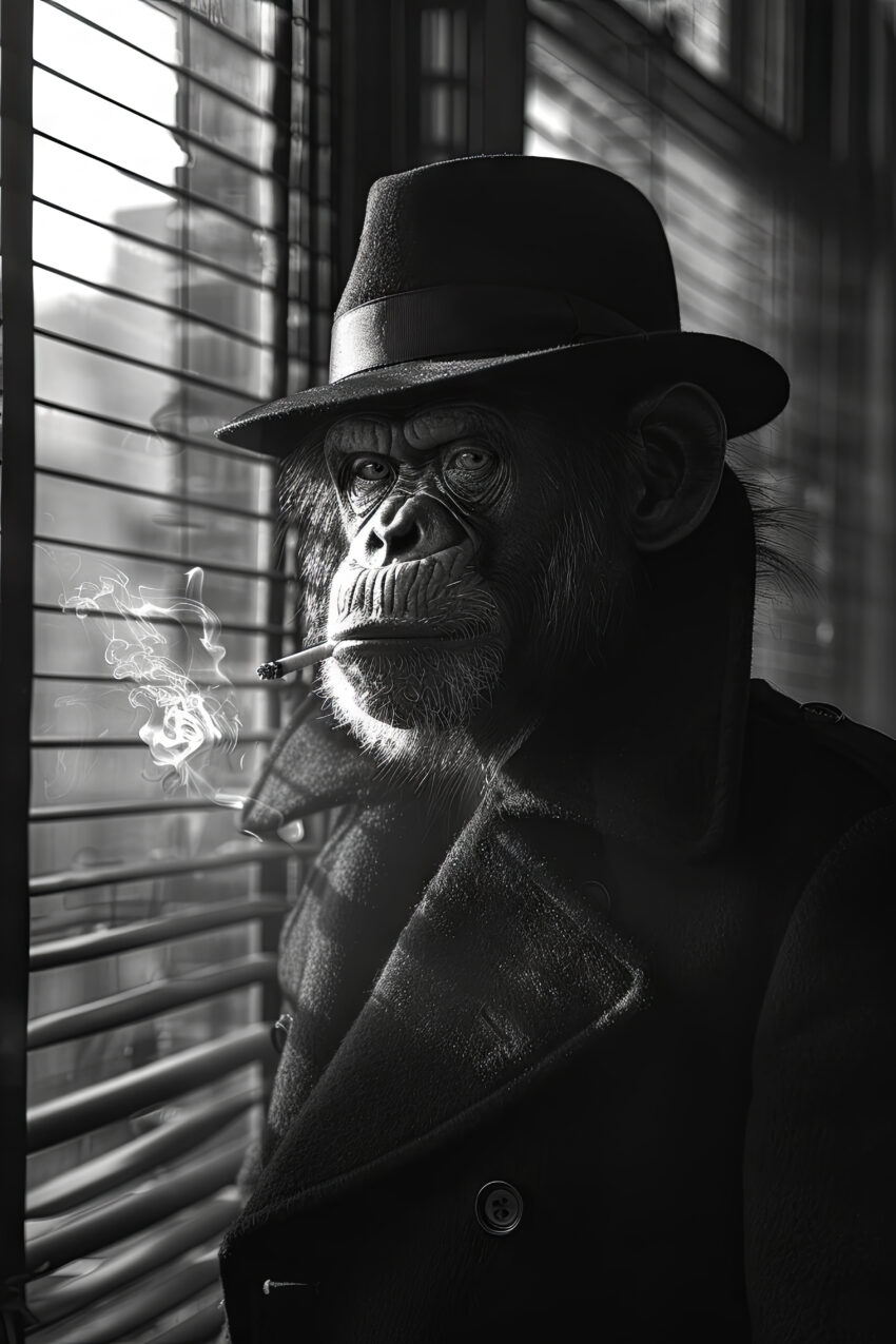 Fotografie Poster Schimpanse rauchend schwarz-weiß Hut