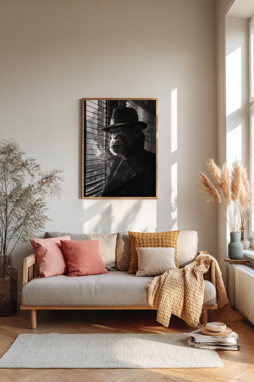 Fotografie Poster Schimpanse rauchend schwarz-weiß Hut