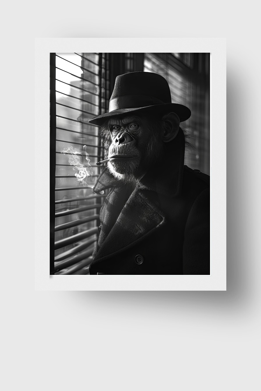 Fotografie Poster Schimpanse rauchend schwarz-weiß Hut