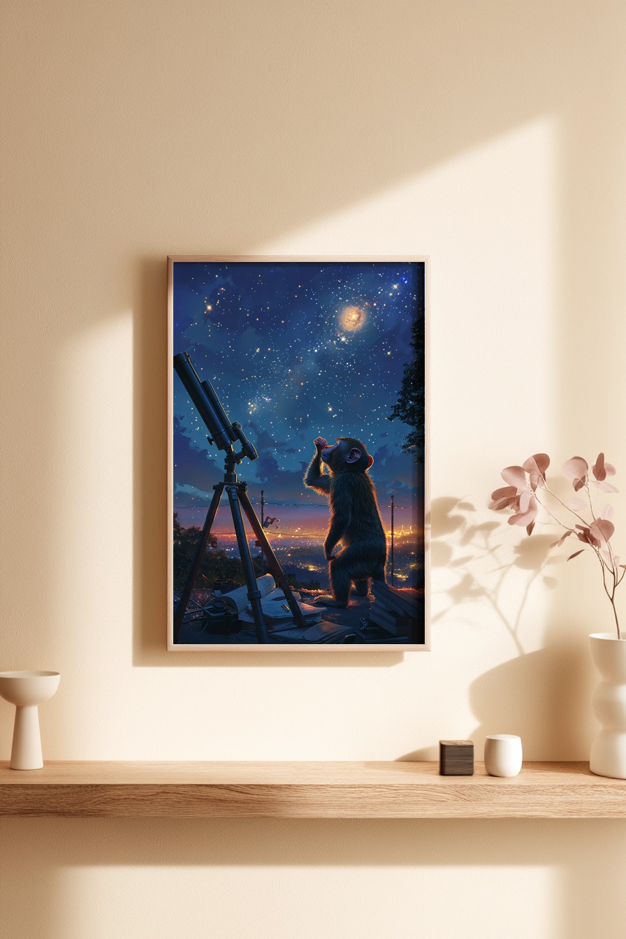 Digitale Kunst Poster Affe Sternenhimmel Nacht blau