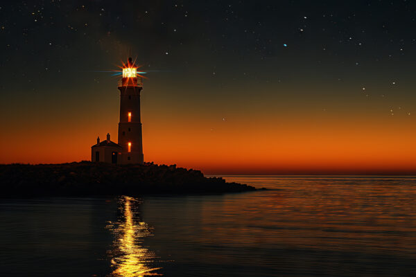 Leuchtturm Abendrot Gerahmt