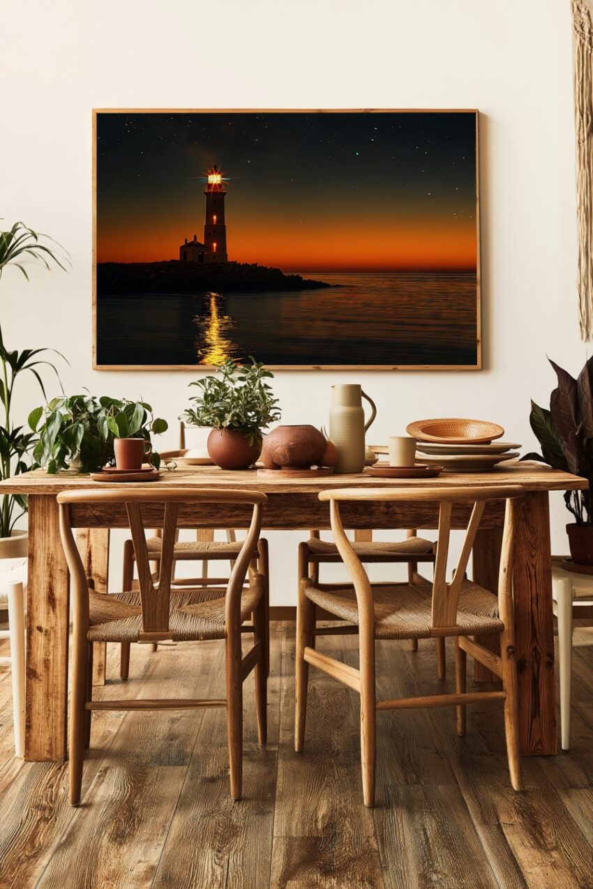 Fotografie Poster Leuchtturm Abendrot Küste Meer Nacht