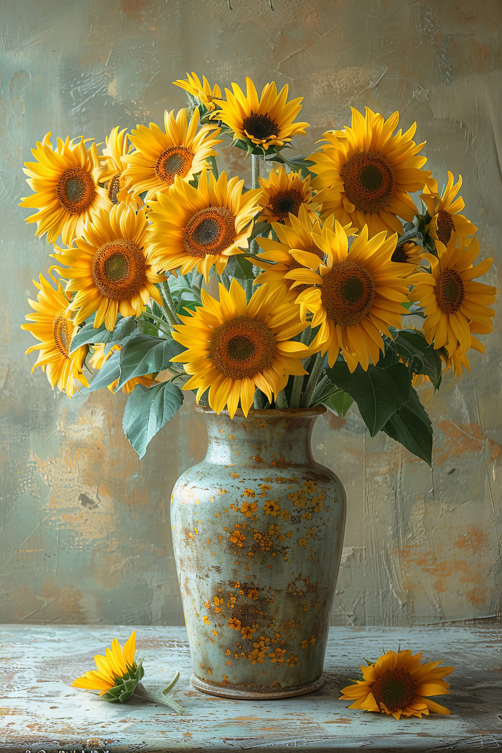 Fotografie Poster Sonnenblumenstrauß gelb grün Vase rustikal