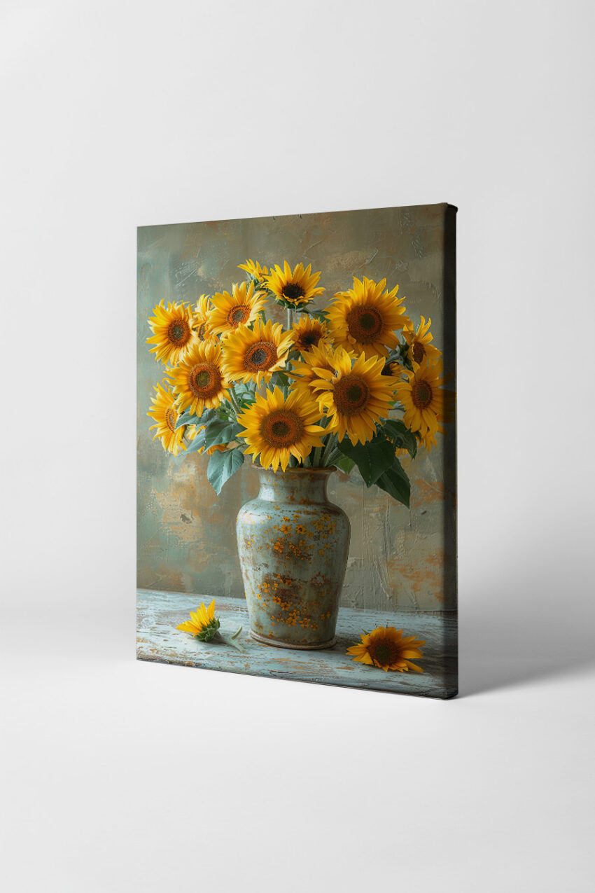 Fotografie Poster Sonnenblumenstrauß gelb grün Vase rustikal